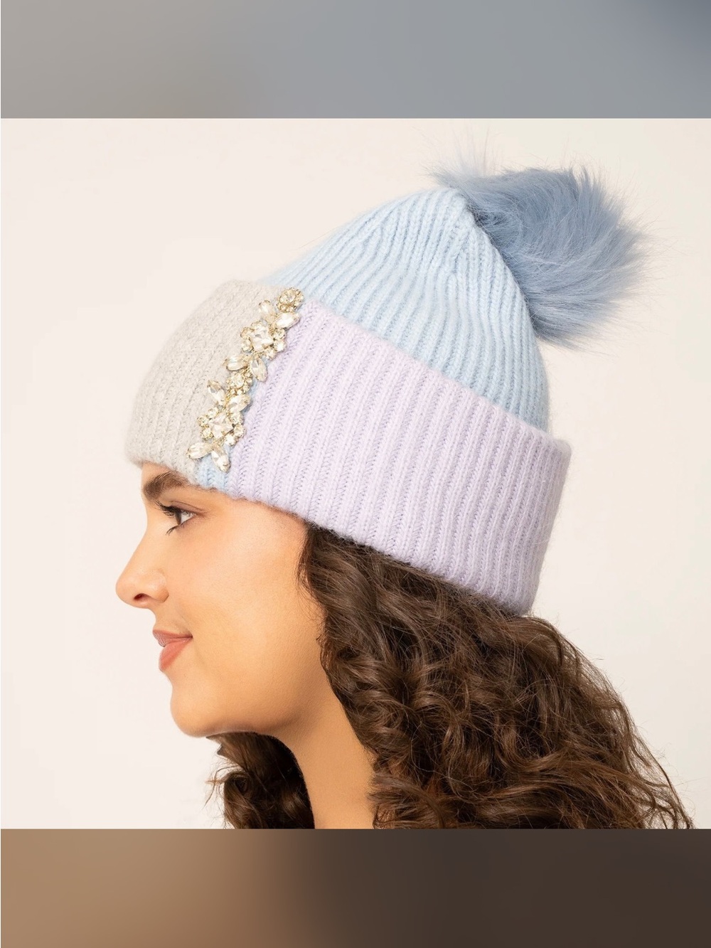 Adrienne Landau Colorblock Pom Beanie (Blue/Gray/Lilac) NWT